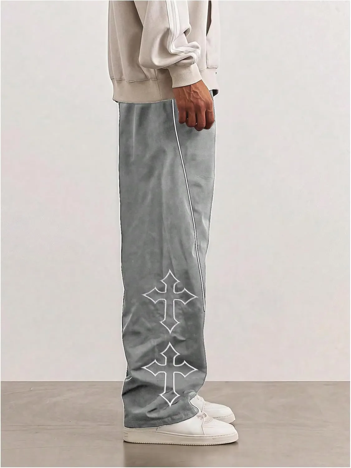 SHENHE Men's Casual Straight Leg Drawstring Pants Cross Print Loose Pants Trousers