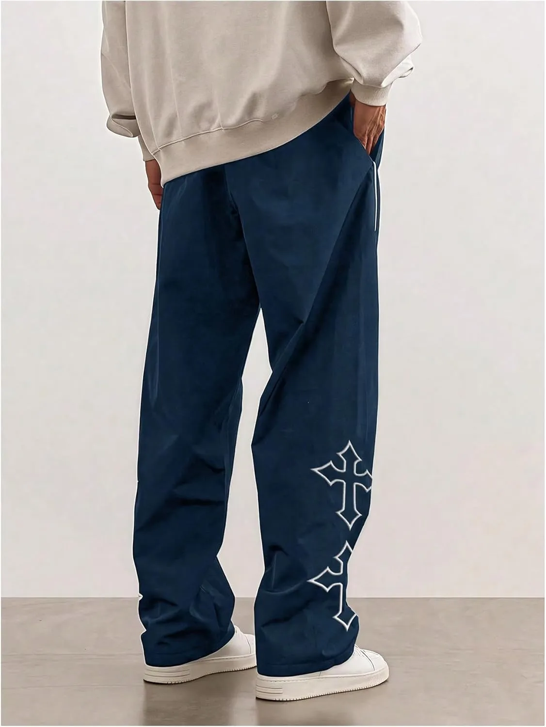 SHENHE Men's Casual Straight Leg Drawstring Pants Cross Print Loose Pants Trousers
