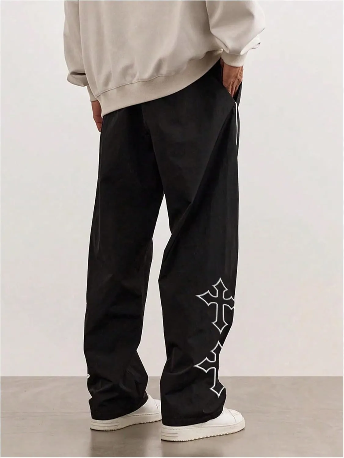 SHENHE Men's Casual Straight Leg Drawstring Pants Cross Print Loose Pants Trousers