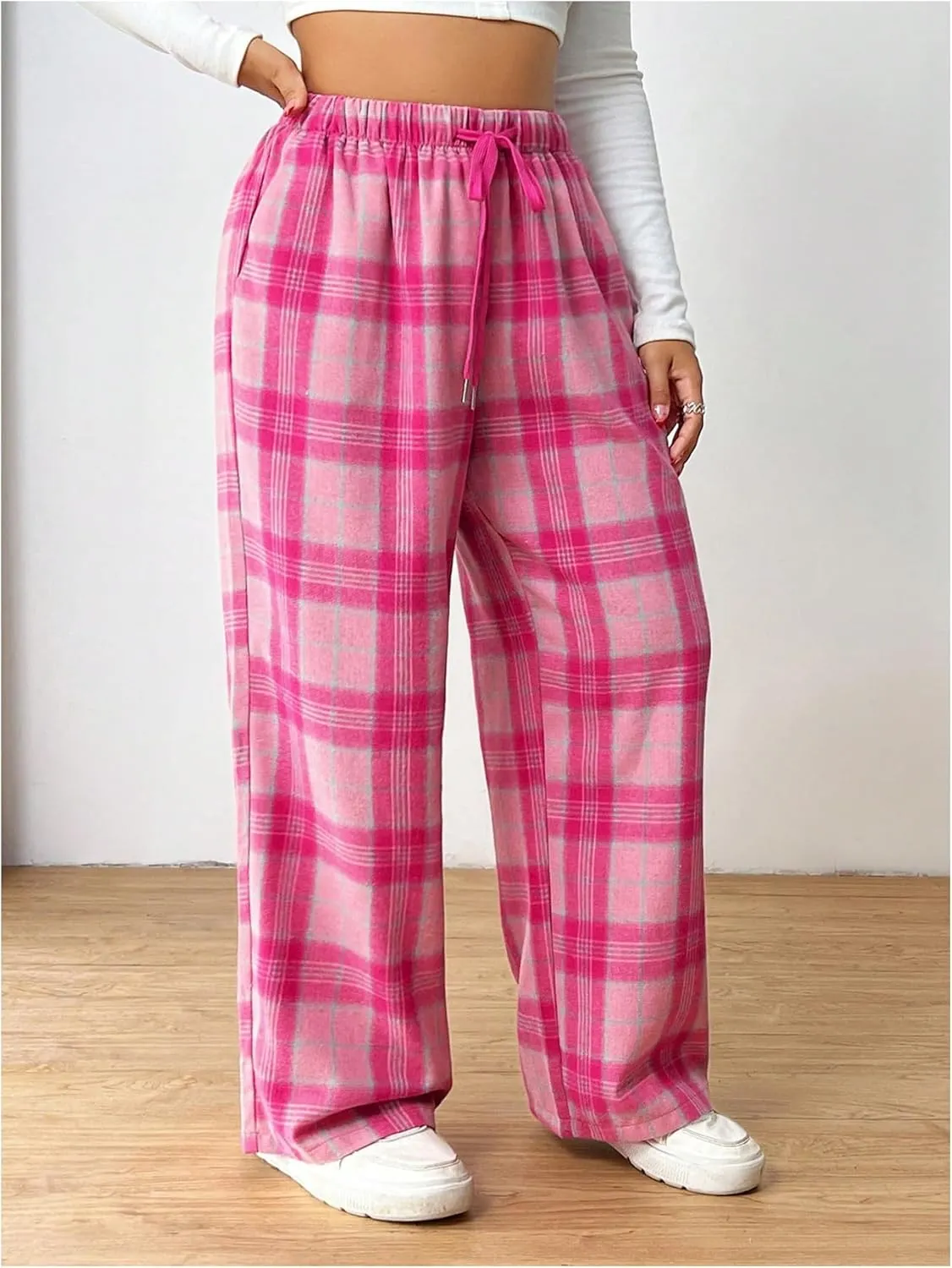 SHENHE Women's Plus Size Straight Leg Plaid Pants High Waisted Drawstring Loose Pants Trousers