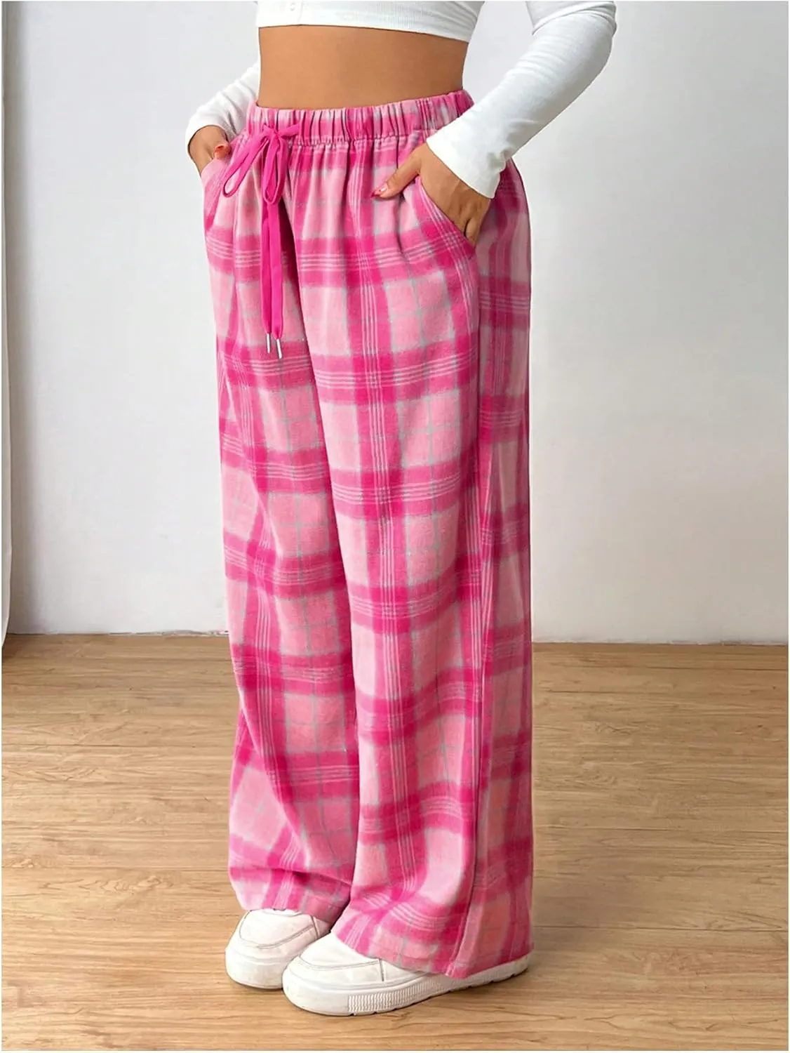 SHENHE Women's Plus Size Straight Leg Plaid Pants High Waisted Drawstring Loose Pants Trousers