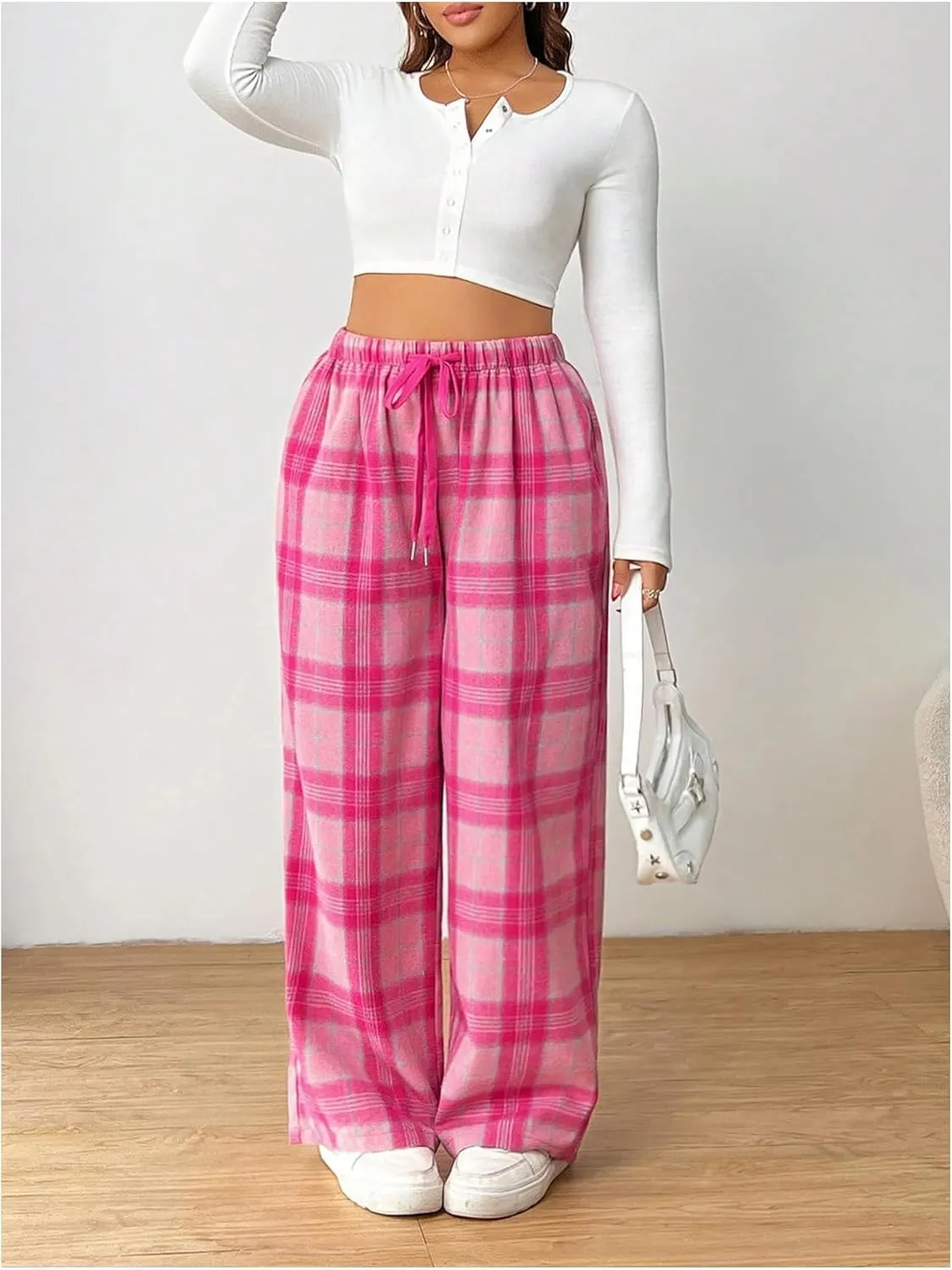 SHENHE Women's Plus Size Straight Leg Plaid Pants High Waisted Drawstring Loose Pants Trousers