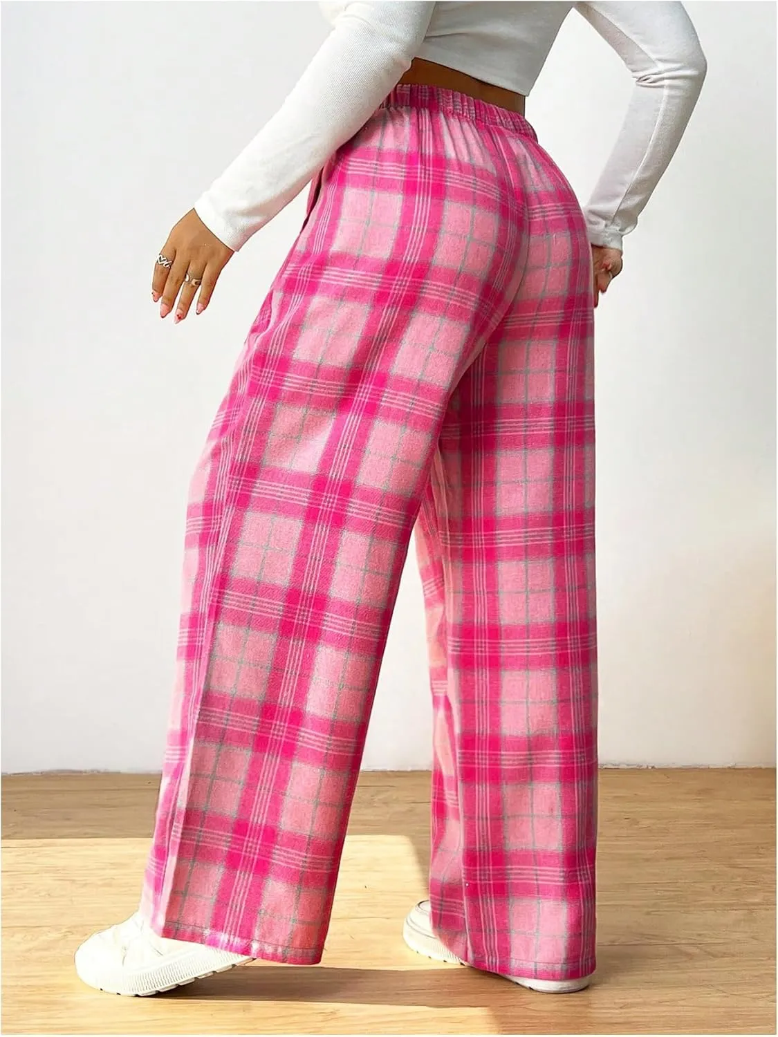 SHENHE Women's Plus Size Straight Leg Plaid Pants High Waisted Drawstring Loose Pants Trousers