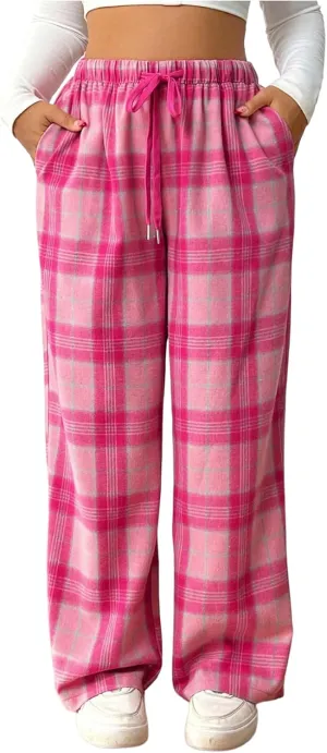 SHENHE Women's Plus Size Straight Leg Plaid Pants High Waisted Drawstring Loose Pants Trousers