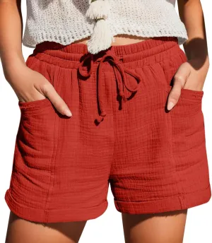 Shorts for Women Trendy Casual High Waist Drawstring Short Pants Summer Loose Comfy Cotton Linen Lightweight Shorts