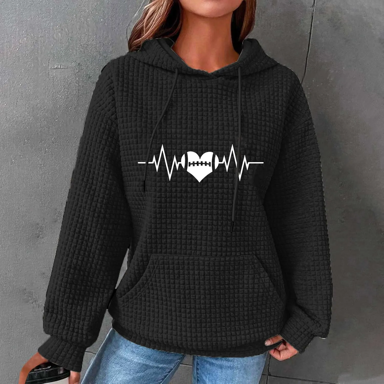 SMIDOW Cute Graphic Hoodies For Women Fall Fashion Waffle Knit Pullover Tops Oversized Love Heart Print Hooded Sweatshirts