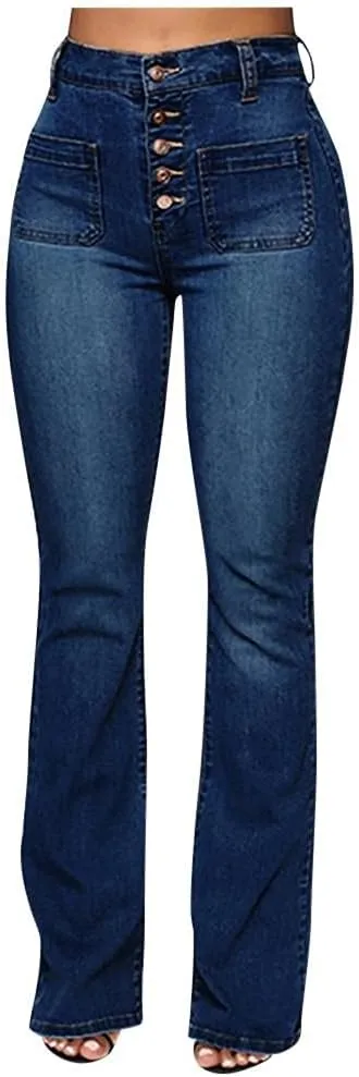 Stretchy Bell Bottoms Jeans Classic High Waist Destroyed Raw Hem Bootcut Flared Denim Pants Plus Size