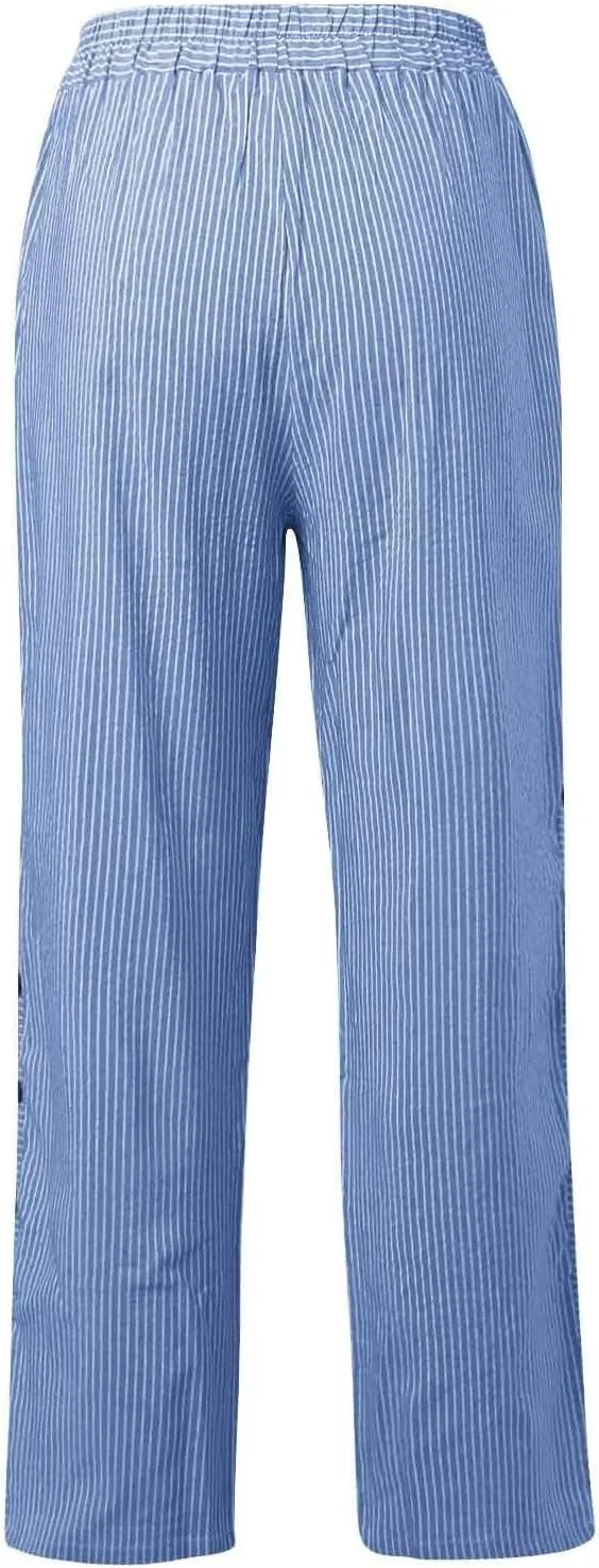 Striped Linen Pants Women Side Button Elastic Waist Capri Gauze Pants Lightweight Summer Beach Cropped Trousers 2025