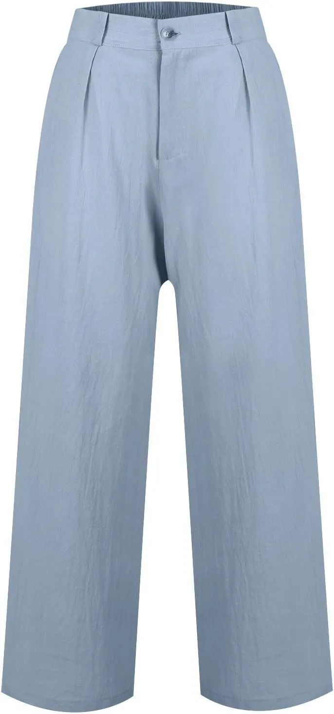 Summer Linen Pants for Women Loose Drawstring Palazzo Fashion Beach Linen Capri Women