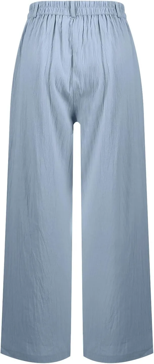 Summer Linen Pants for Women Loose Drawstring Palazzo Fashion Beach Linen Capri Women