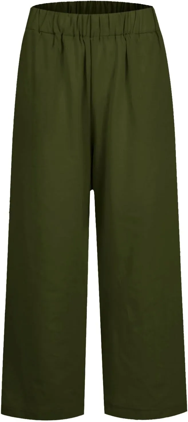 Summer Pants for Women 2024 Women's Fashion Solid Color Loose Elastic Waist Straight Pocket Casual Pants