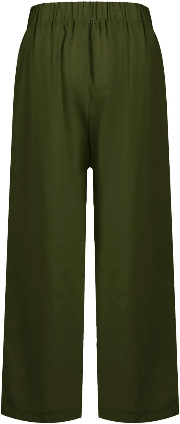 Summer Pants for Women 2024 Women's Fashion Solid Color Loose Elastic Waist Straight Pocket Casual Pants