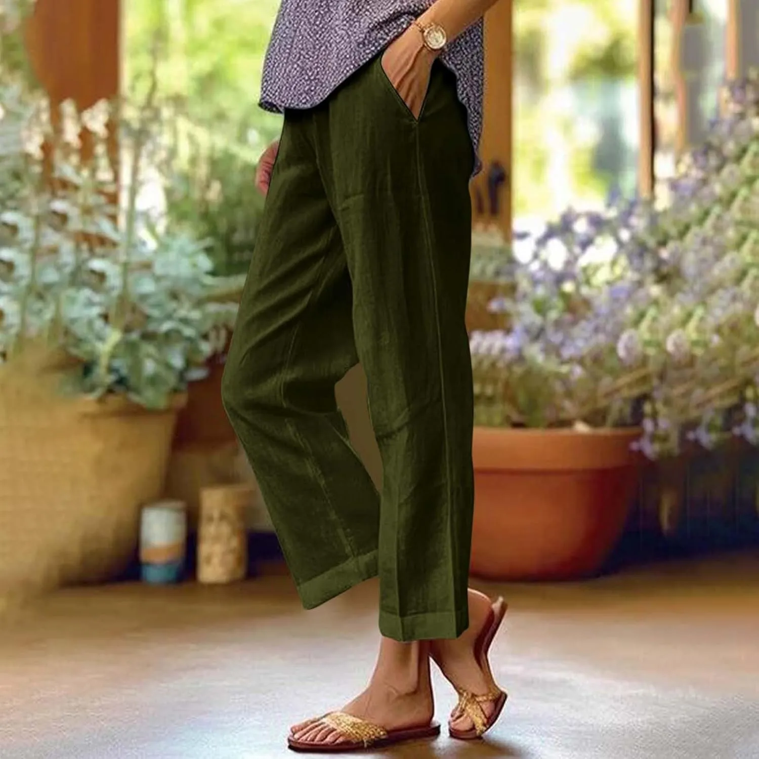 Summer Pants for Women 2024 Women's Fashion Solid Color Loose Elastic Waist Straight Pocket Casual Pants