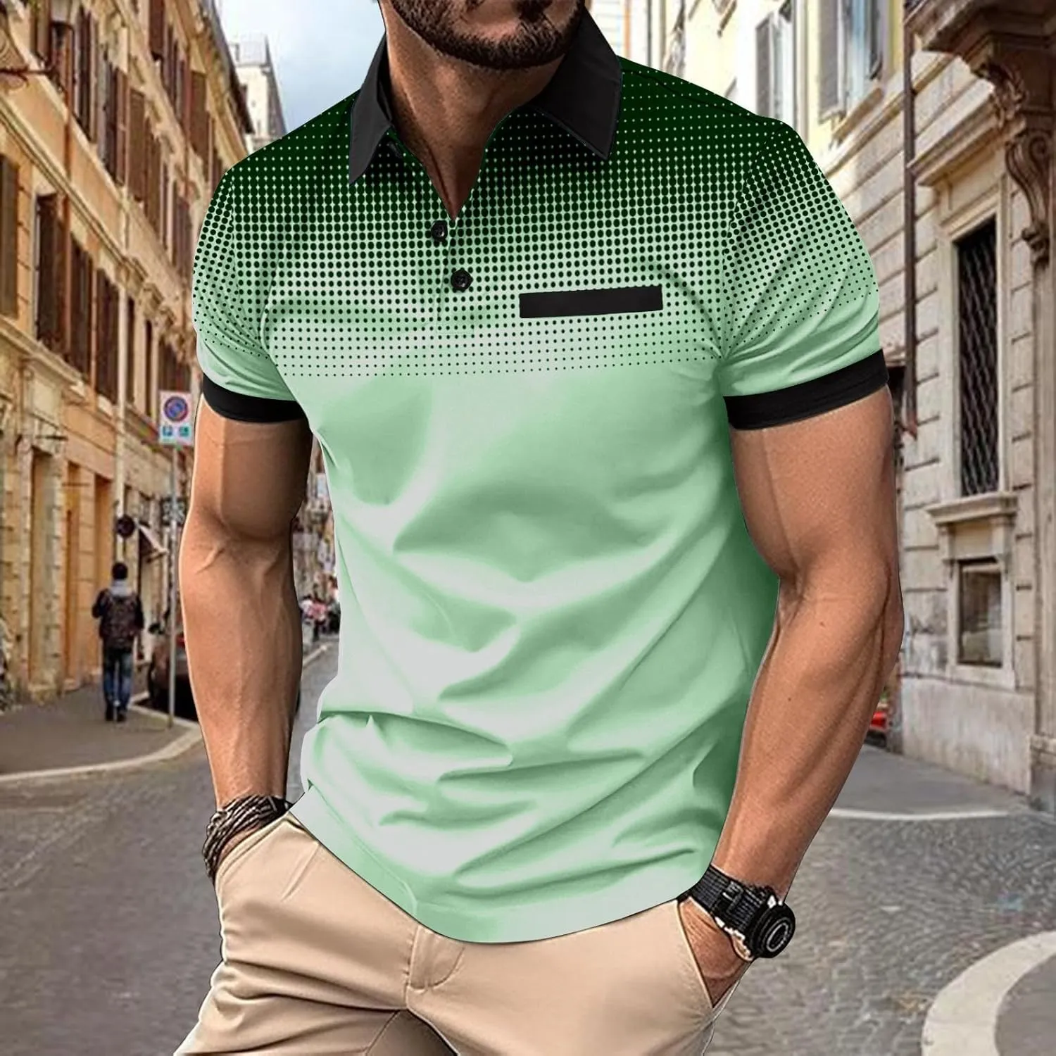Summer Short Sleeve T Shirts for Men 2025 Business Casual Tops Polka Dot Gradient Lapel Button Sports Tees