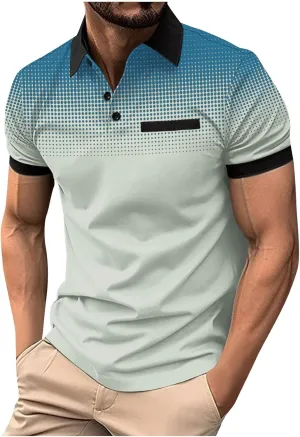 Summer Short Sleeve T Shirts for Men 2025 Business Casual Tops Polka Dot Gradient Lapel Button Sports Tees