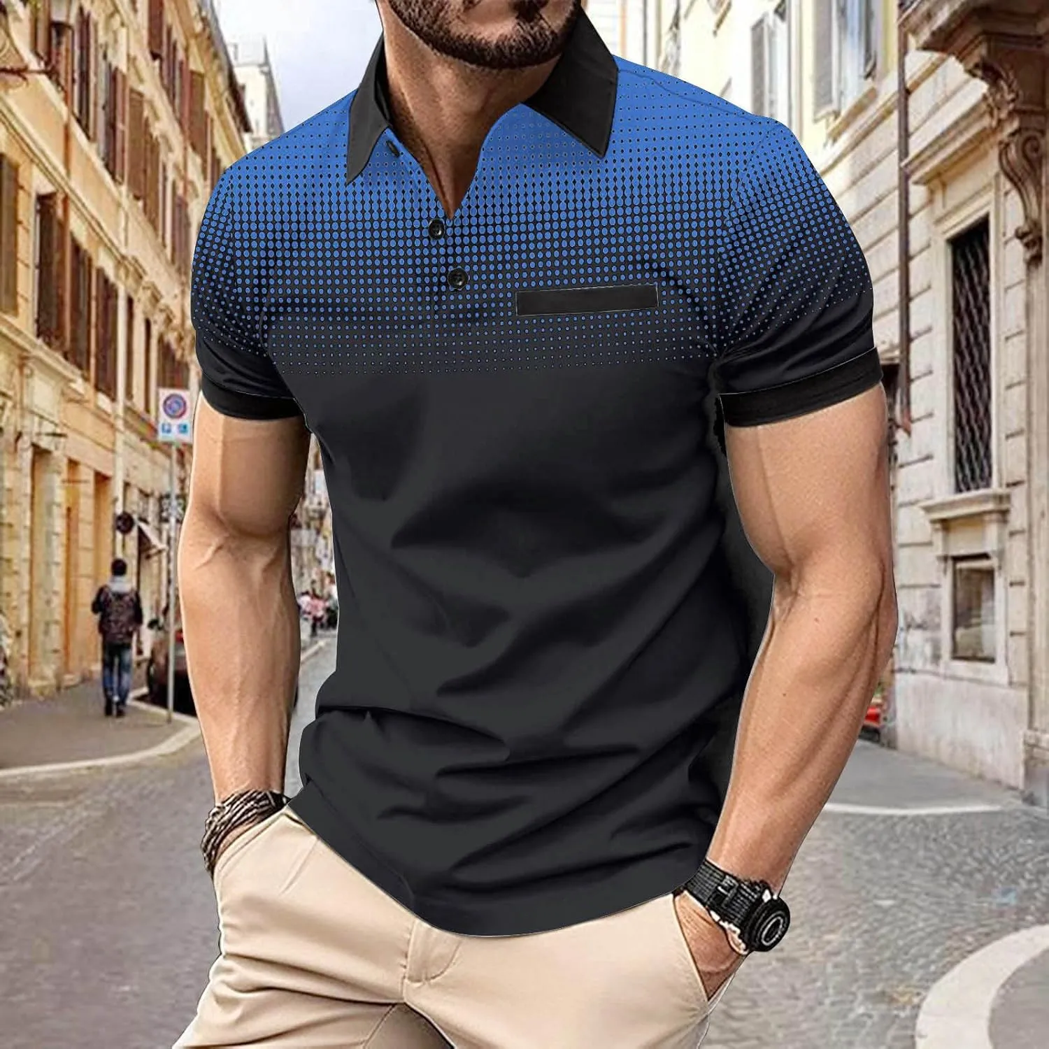 Summer Short Sleeve T Shirts for Men 2025 Business Casual Tops Polka Dot Gradient Lapel Button Sports Tees