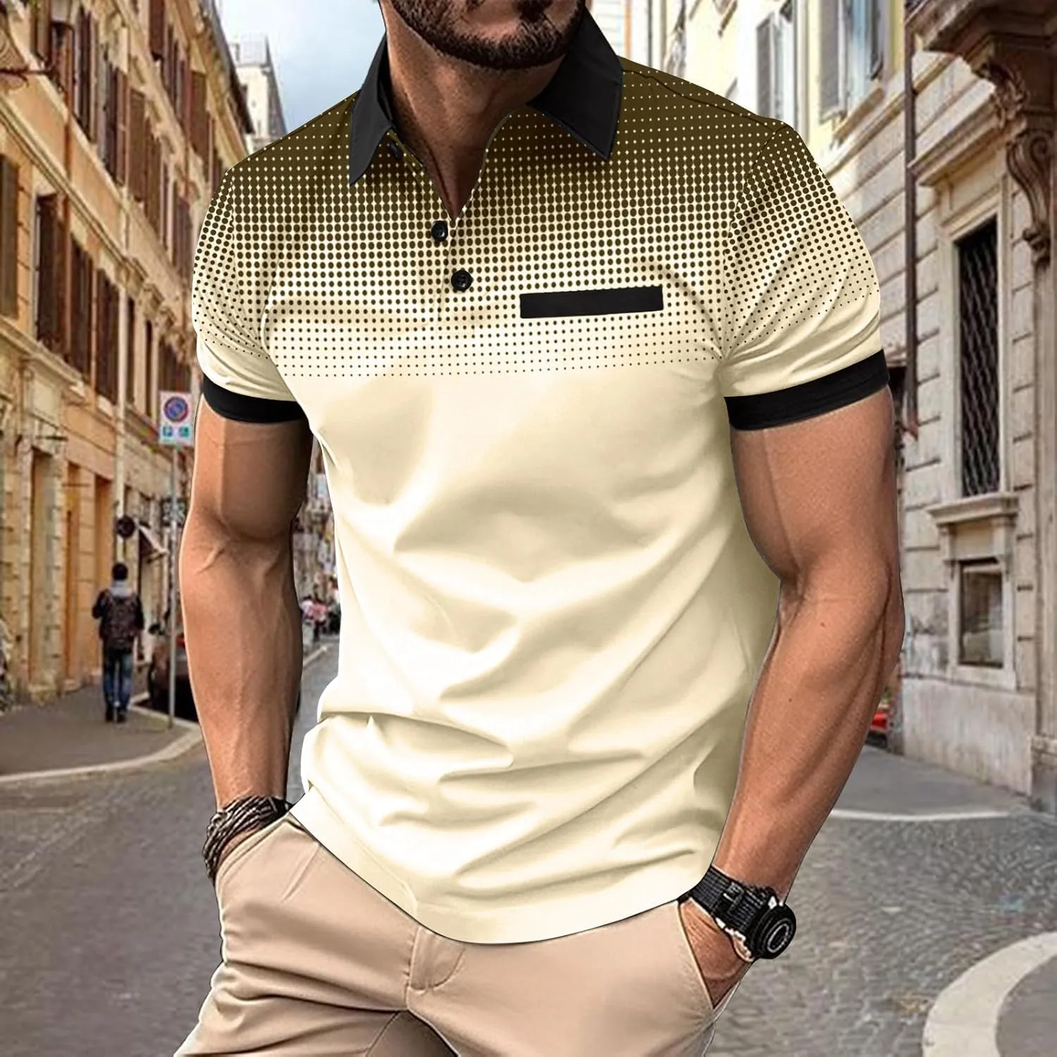 Summer Short Sleeve T Shirts for Men 2025 Business Casual Tops Polka Dot Gradient Lapel Button Sports Tees