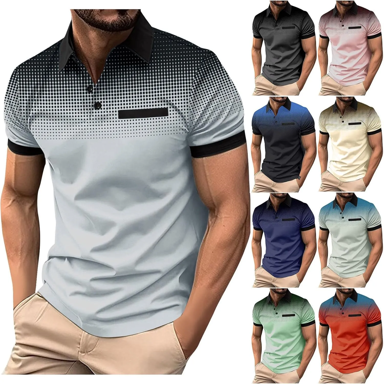 Summer Short Sleeve T Shirts for Men 2025 Business Casual Tops Polka Dot Gradient Lapel Button Sports Tees