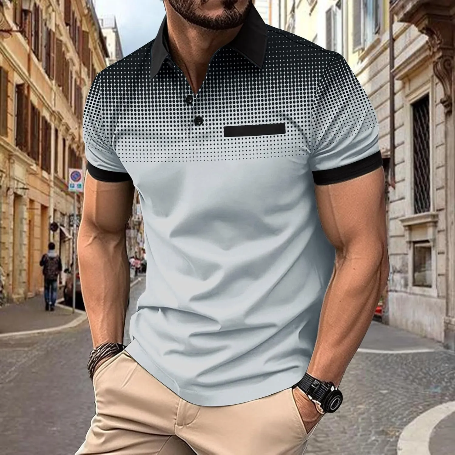 Summer Short Sleeve T Shirts for Men 2025 Business Casual Tops Polka Dot Gradient Lapel Button Sports Tees