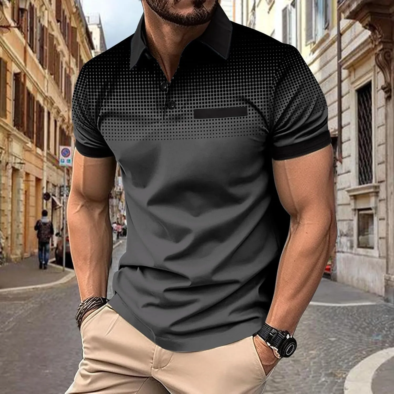Summer Short Sleeve T Shirts for Men 2025 Business Casual Tops Polka Dot Gradient Lapel Button Sports Tees