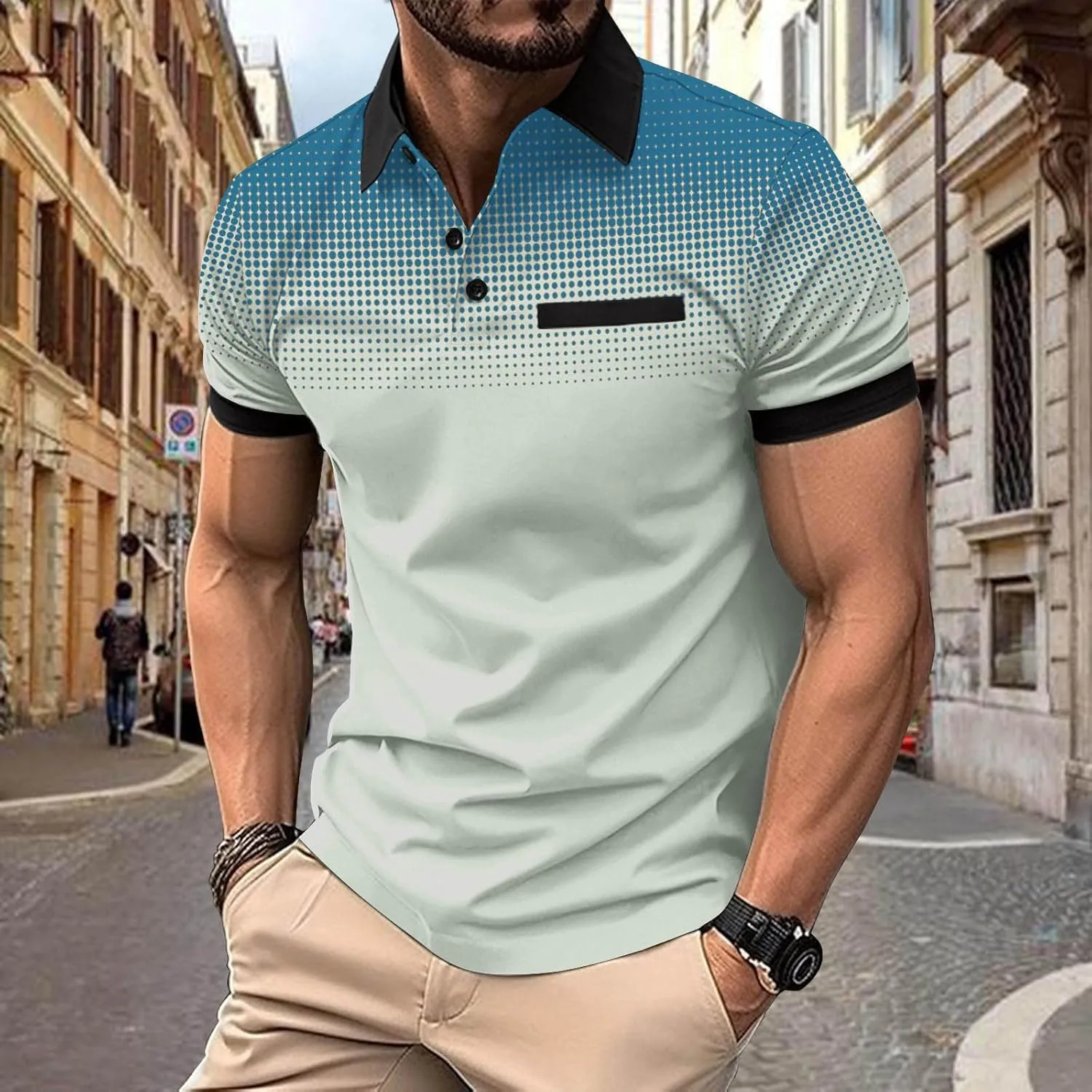 Summer Short Sleeve T Shirts for Men 2025 Business Casual Tops Polka Dot Gradient Lapel Button Sports Tees