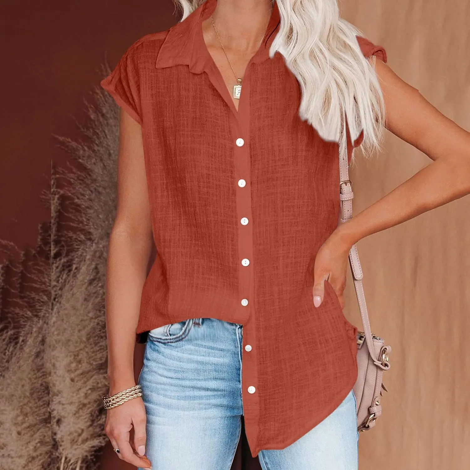 Summer Sleeveless Cotton Linen Shirts for Women V Neck Button Down Blouses Casual Tank Tops Plus Size, Small