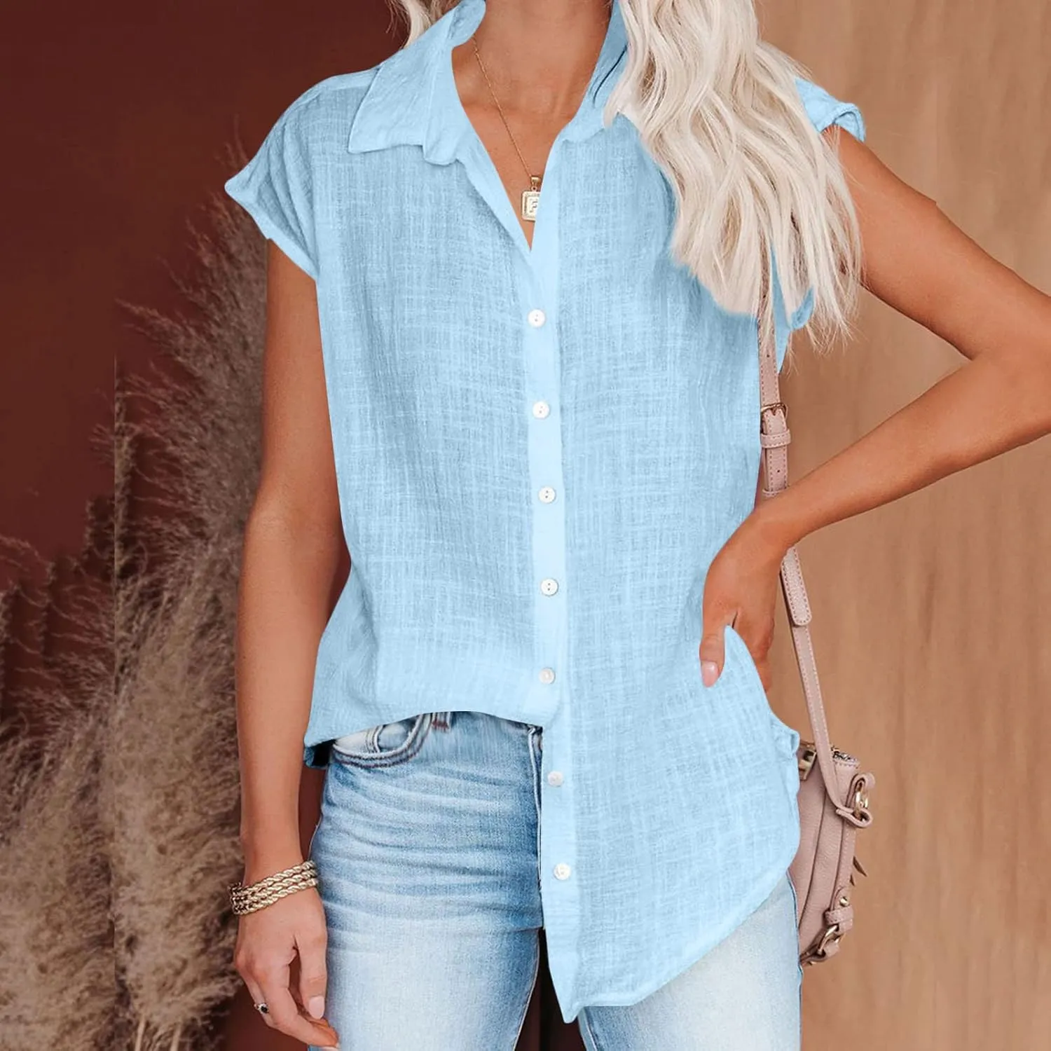 Summer Sleeveless Cotton Linen Shirts for Women V Neck Button Down Blouses Casual Tank Tops Plus Size, Small