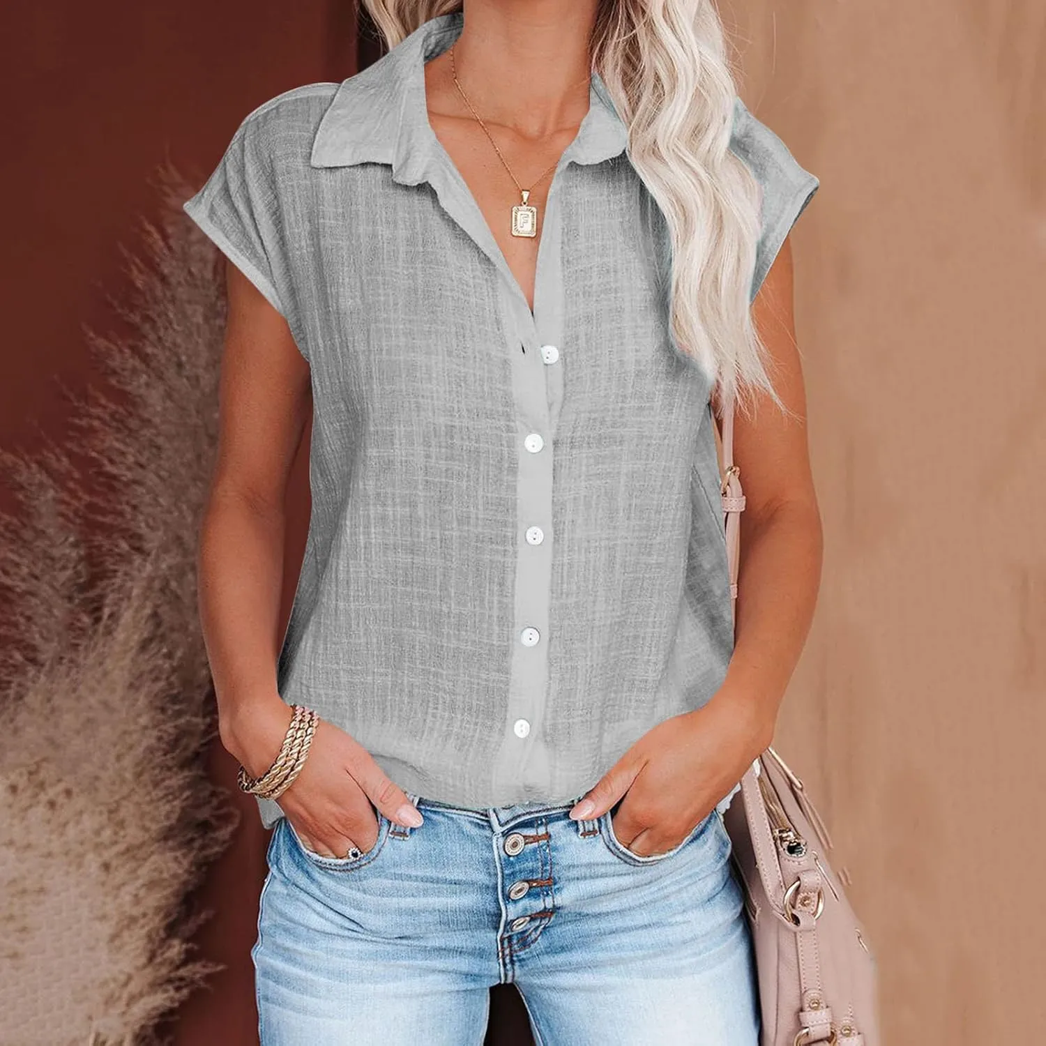 Summer Sleeveless Cotton Linen Shirts for Women V Neck Button Down Blouses Casual Tank Tops Plus Size, Small