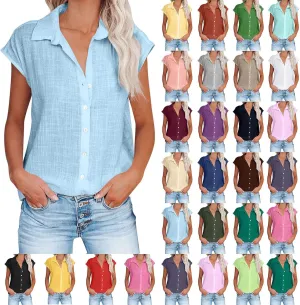Summer Sleeveless Cotton Linen Shirts for Women V Neck Button Down Blouses Casual Tank Tops Plus Size, Small