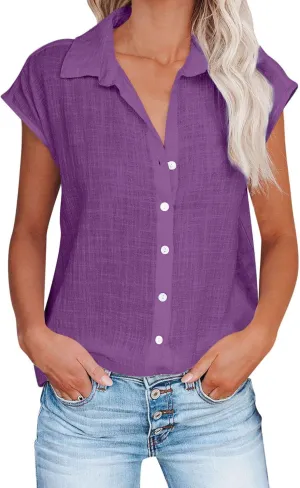 Summer Sleeveless Cotton Linen Shirts for Women V Neck Button Down Blouses Casual Tank Tops Plus Size, Small