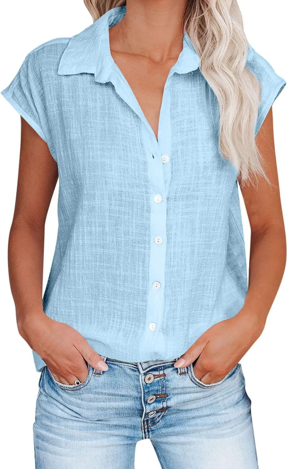 Summer Sleeveless Cotton Linen Shirts for Women V Neck Button Down Blouses Casual Tank Tops Plus Size, Small