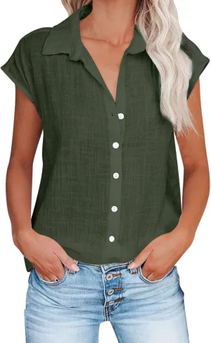 Summer Sleeveless Cotton Linen Shirts for Women V Neck Button Down Blouses Casual Tank Tops Plus Size, Small