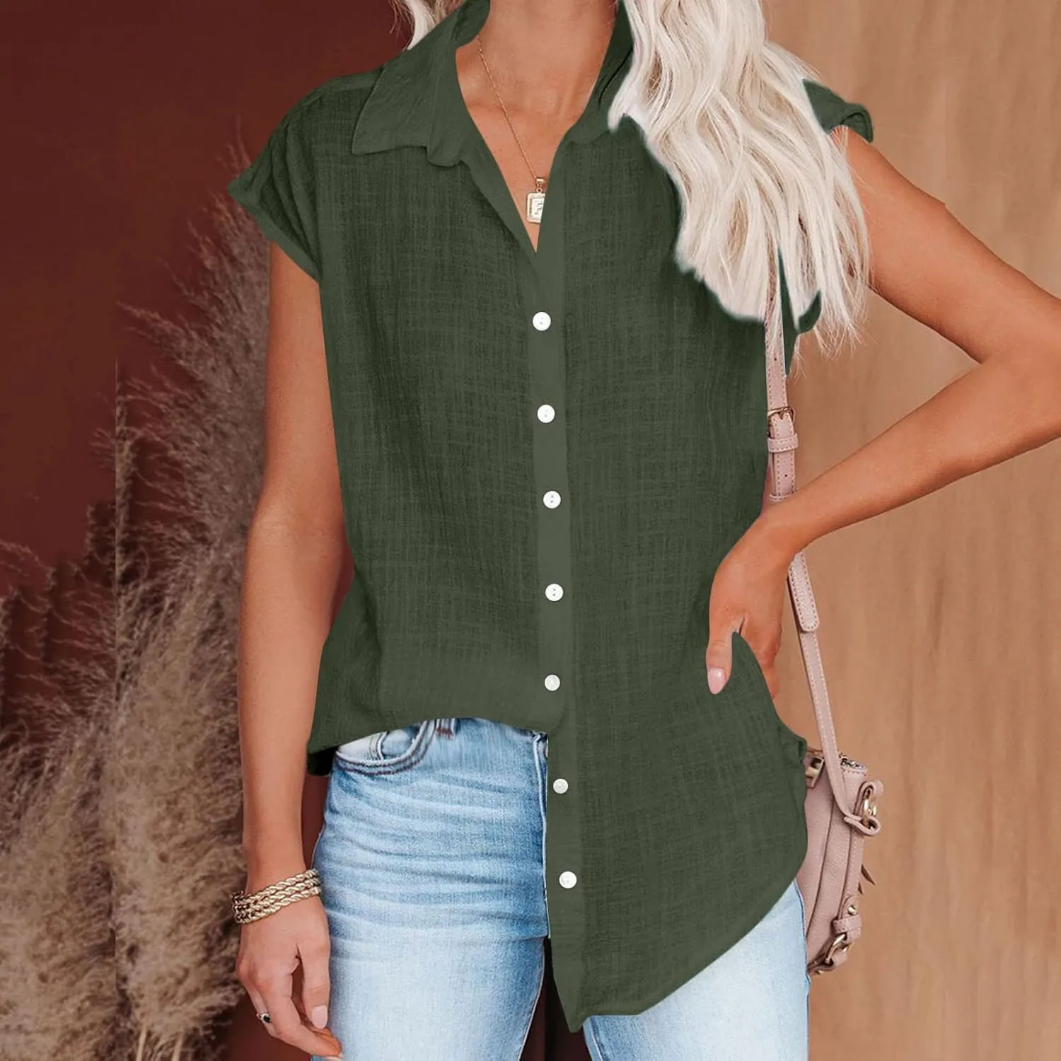 Summer Sleeveless Cotton Linen Shirts for Women V Neck Button Down Blouses Casual Tank Tops Plus Size, Small