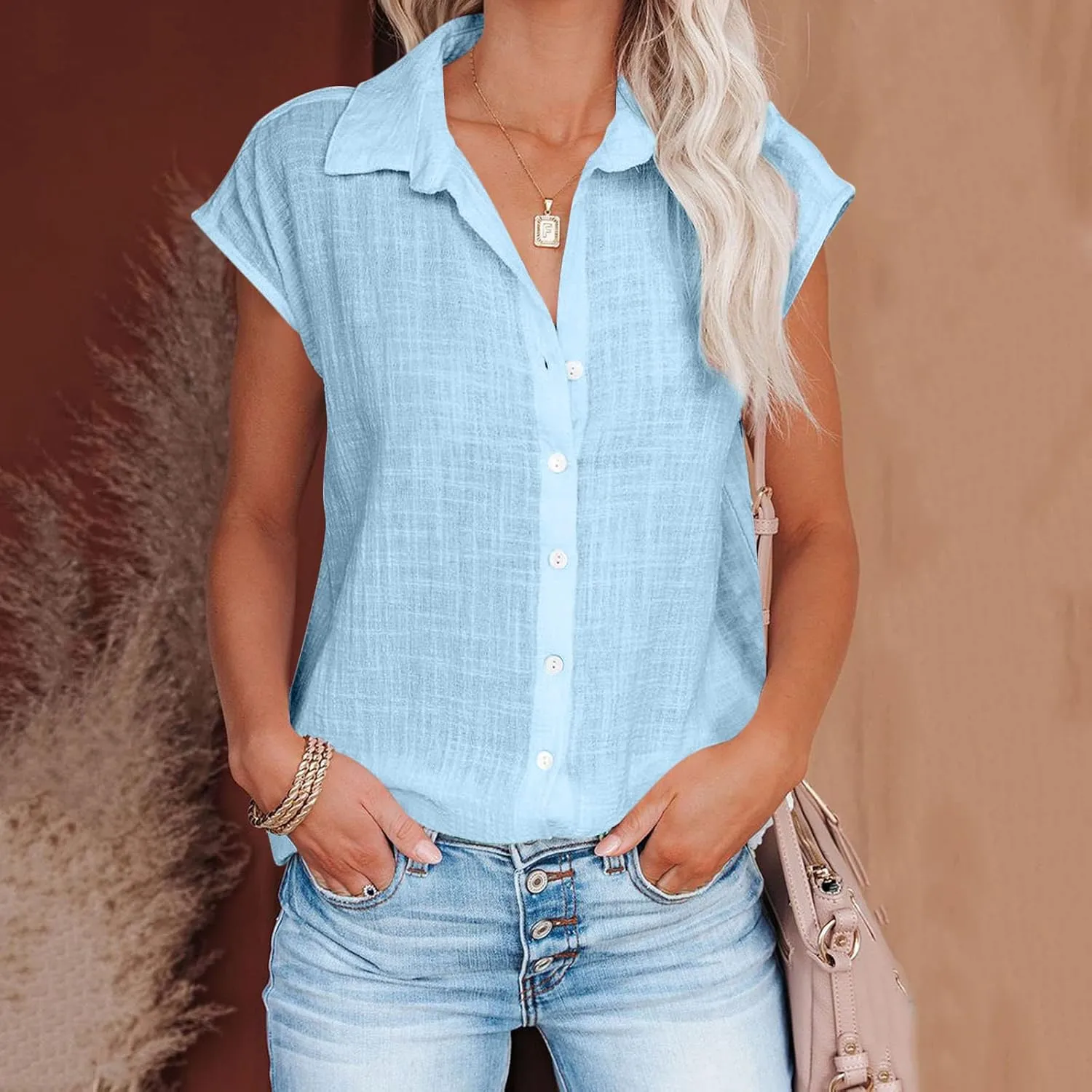 Summer Sleeveless Cotton Linen Shirts for Women V Neck Button Down Blouses Casual Tank Tops Plus Size, Small