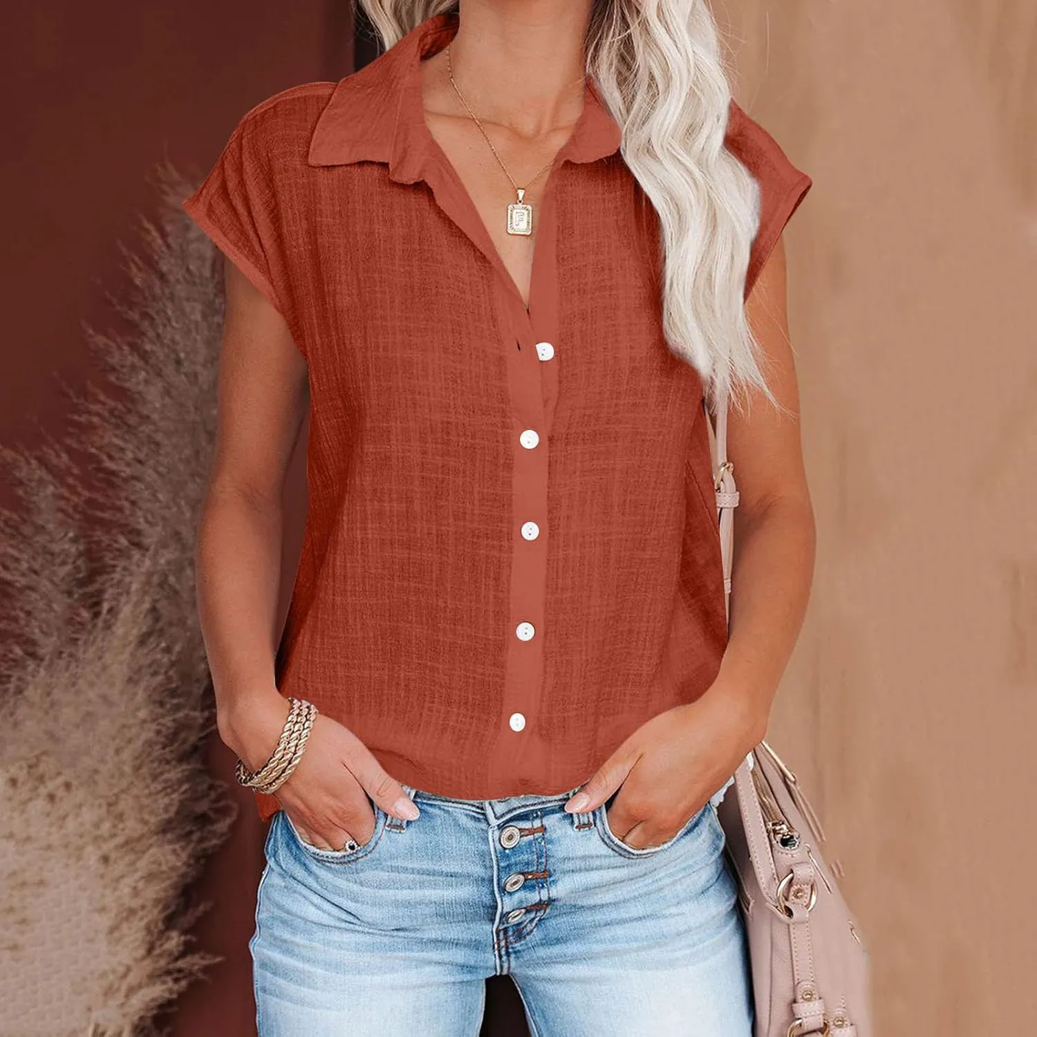 Summer Sleeveless Cotton Linen Shirts for Women V Neck Button Down Blouses Casual Tank Tops Plus Size, Small