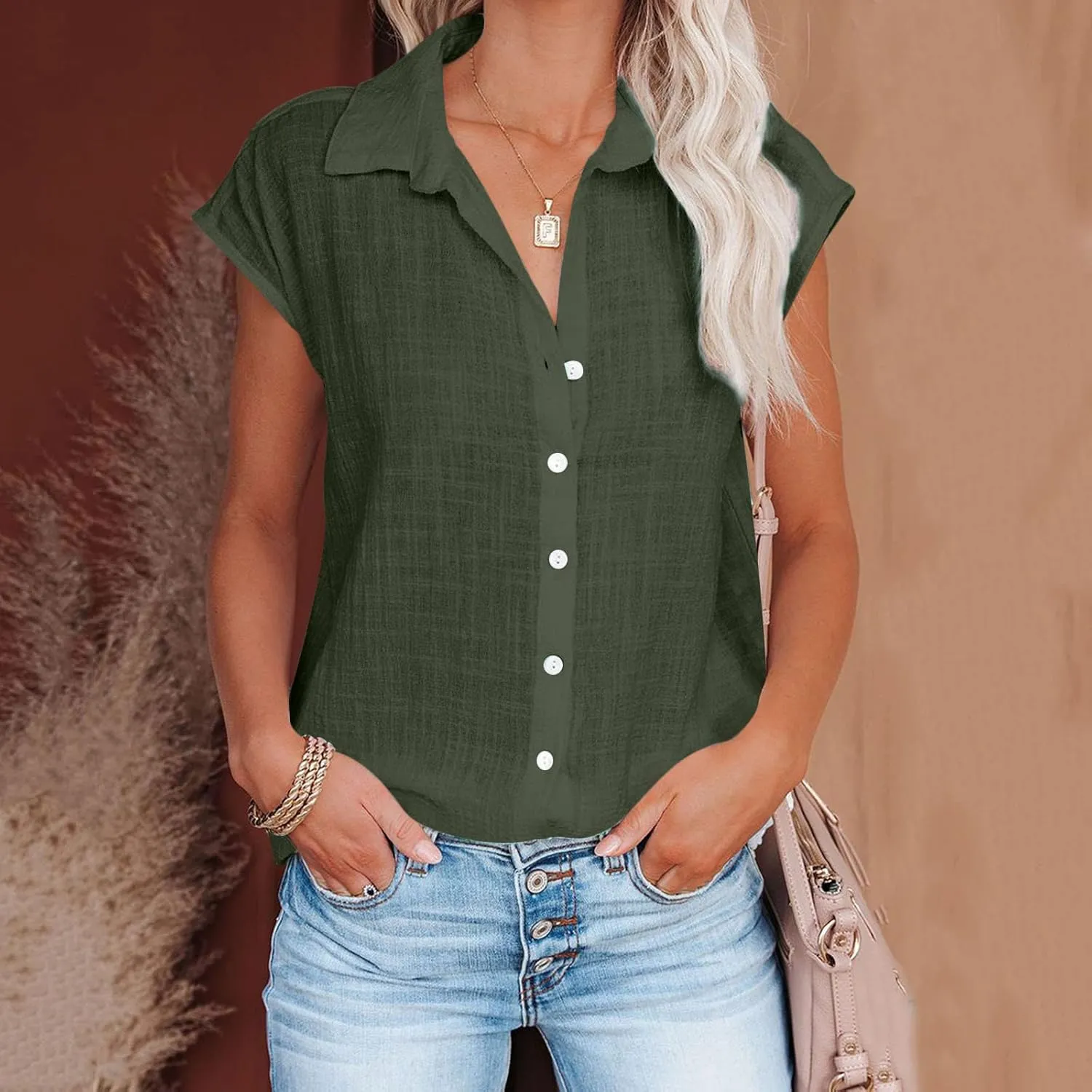 Summer Sleeveless Cotton Linen Shirts for Women V Neck Button Down Blouses Casual Tank Tops Plus Size, Small