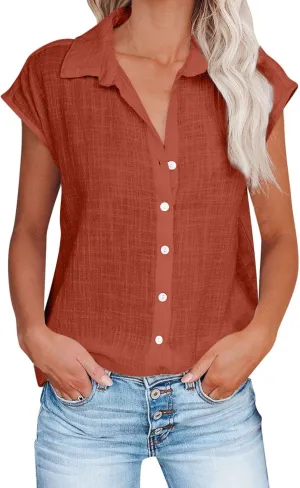 Summer Sleeveless Cotton Linen Shirts for Women V Neck Button Down Blouses Casual Tank Tops Plus Size, Small