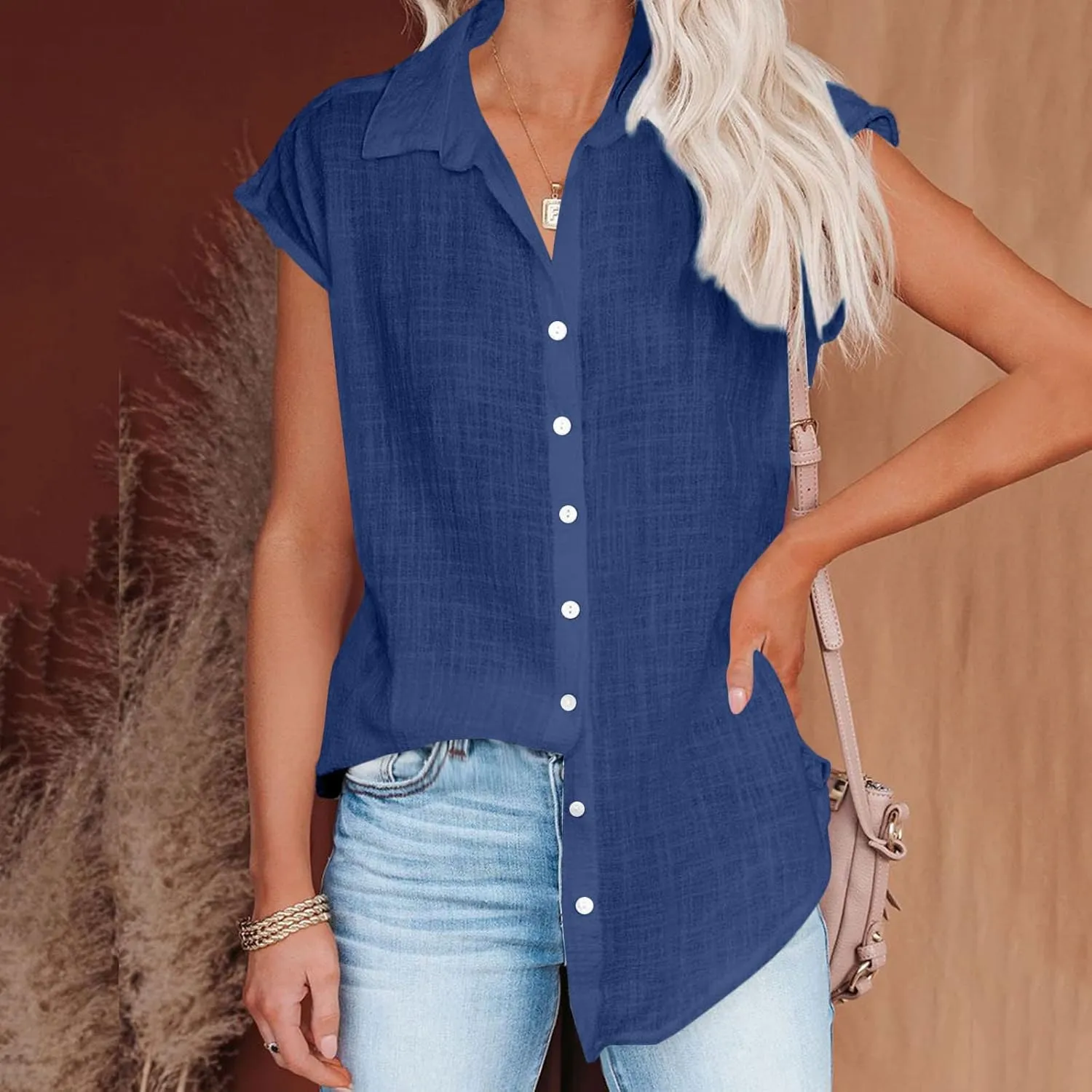 Summer Sleeveless Cotton Linen Shirts for Women V Neck Button Down Blouses Casual Tank Tops Plus Size, Small