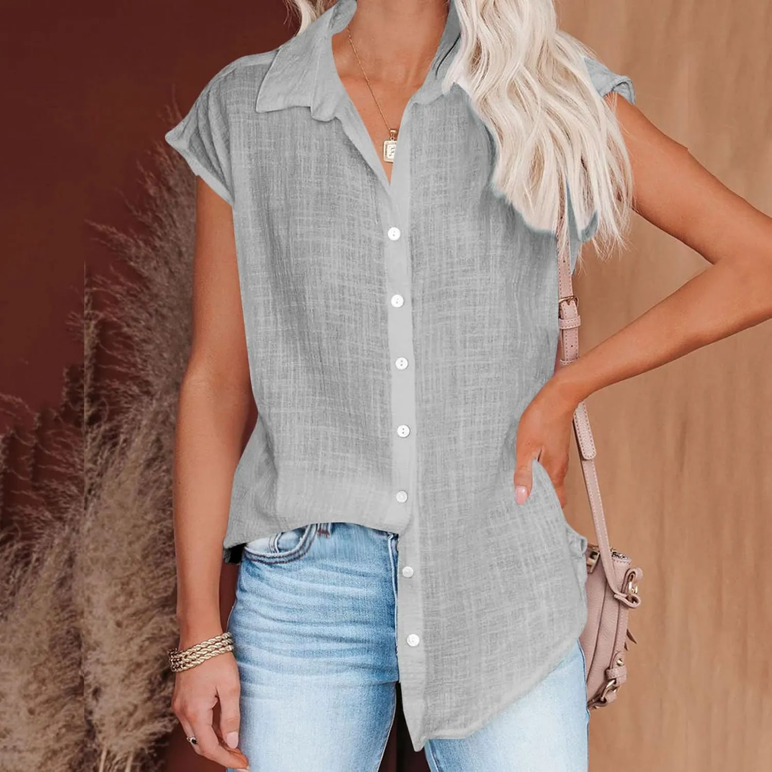 Summer Sleeveless Cotton Linen Shirts for Women V Neck Button Down Blouses Casual Tank Tops Plus Size, Small