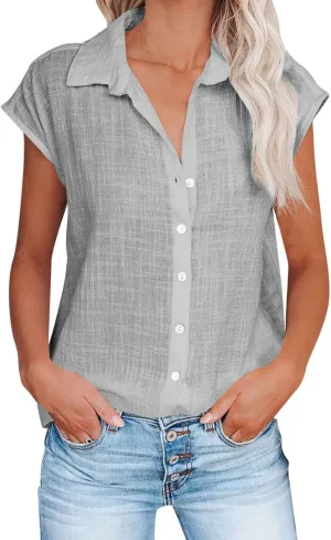 Summer Sleeveless Cotton Linen Shirts for Women V Neck Button Down Blouses Casual Tank Tops Plus Size, Small