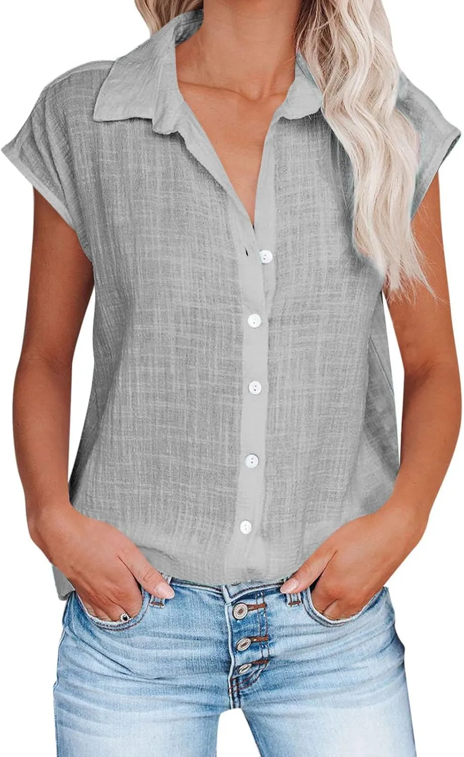 Summer Sleeveless Cotton Linen Shirts for Women V Neck Button Down Blouses Casual Tank Tops Plus Size, Small