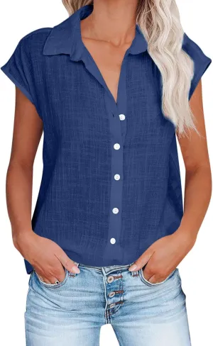 Summer Sleeveless Cotton Linen Shirts for Women V Neck Button Down Blouses Casual Tank Tops Plus Size, Small