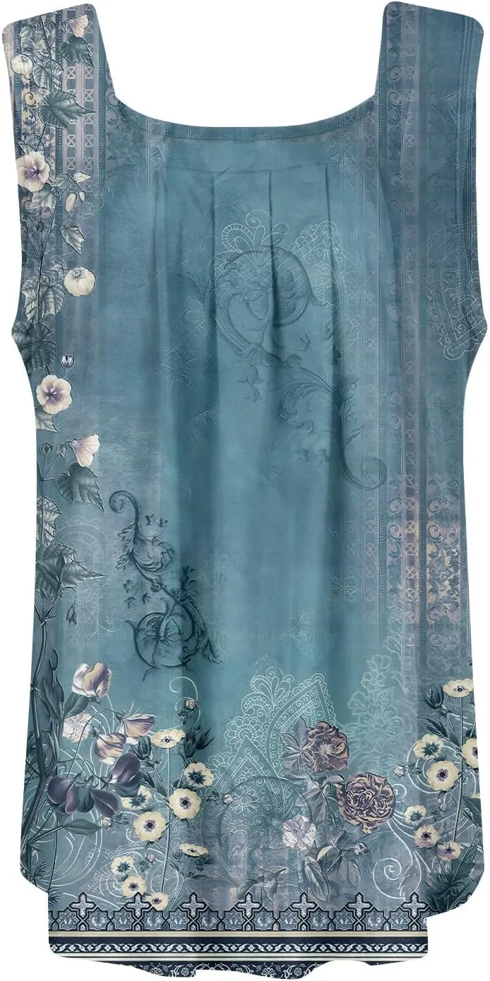 Summer Tank Tops for Women Loose Fit Pleated Square Neck Sleeveless Tops Plus Size Curved Hem Flowy Tops 2025