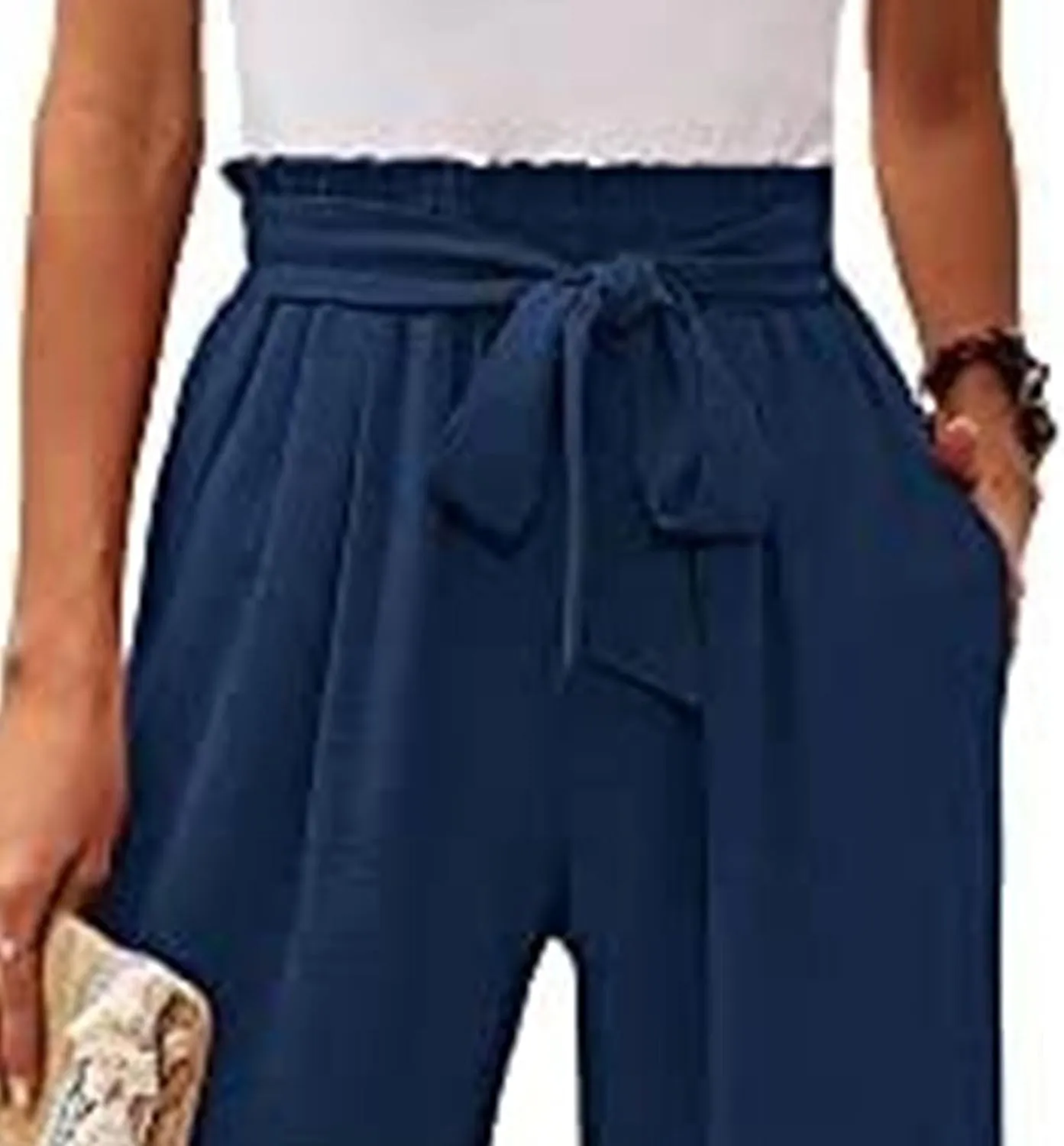 Summer Women's High Waist Slim Straight Wide Leg Pants Solid Color Pocket Belt Casual Pants Loose Trousers