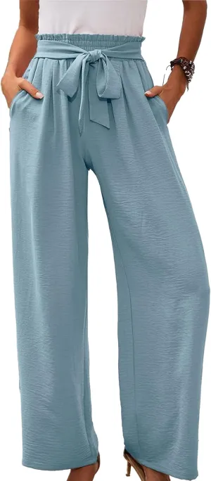 Summer Women's High Waist Slim Straight Wide Leg Pants Solid Color Pocket Belt Casual Pants Loose Trousers