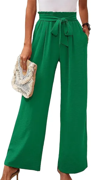 Summer Women's High Waist Slim Straight Wide Leg Pants Solid Color Pocket Belt Casual Pants Loose Trousers