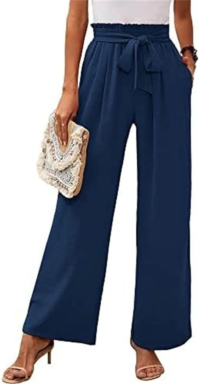 Summer Women's High Waist Slim Straight Wide Leg Pants Solid Color Pocket Belt Casual Pants Loose Trousers