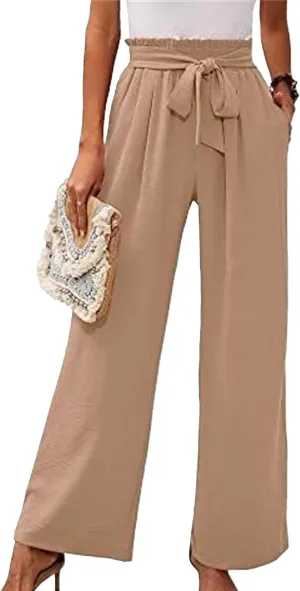 Summer Women's High Waist Slim Straight Wide Leg Pants Solid Color Pocket Belt Casual Pants Loose Trousers