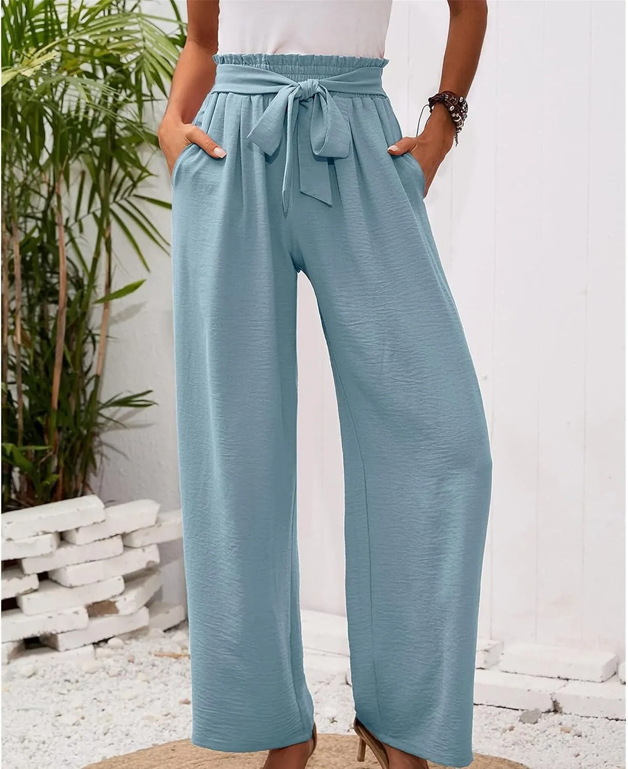 Summer Women's High Waist Slim Straight Wide Leg Pants Solid Color Pocket Belt Casual Pants Loose Trousers