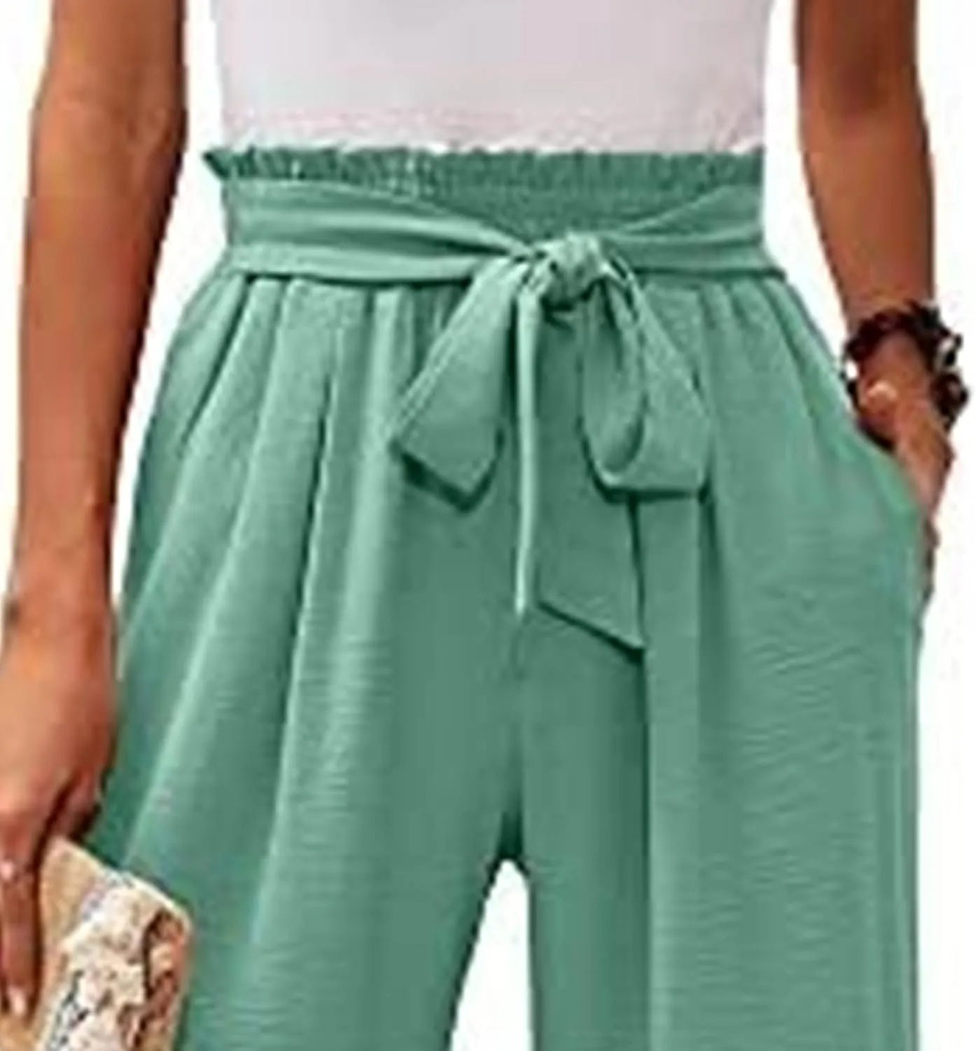 Summer Women's High Waist Slim Straight Wide Leg Pants Solid Color Pocket Belt Casual Pants Loose Trousers